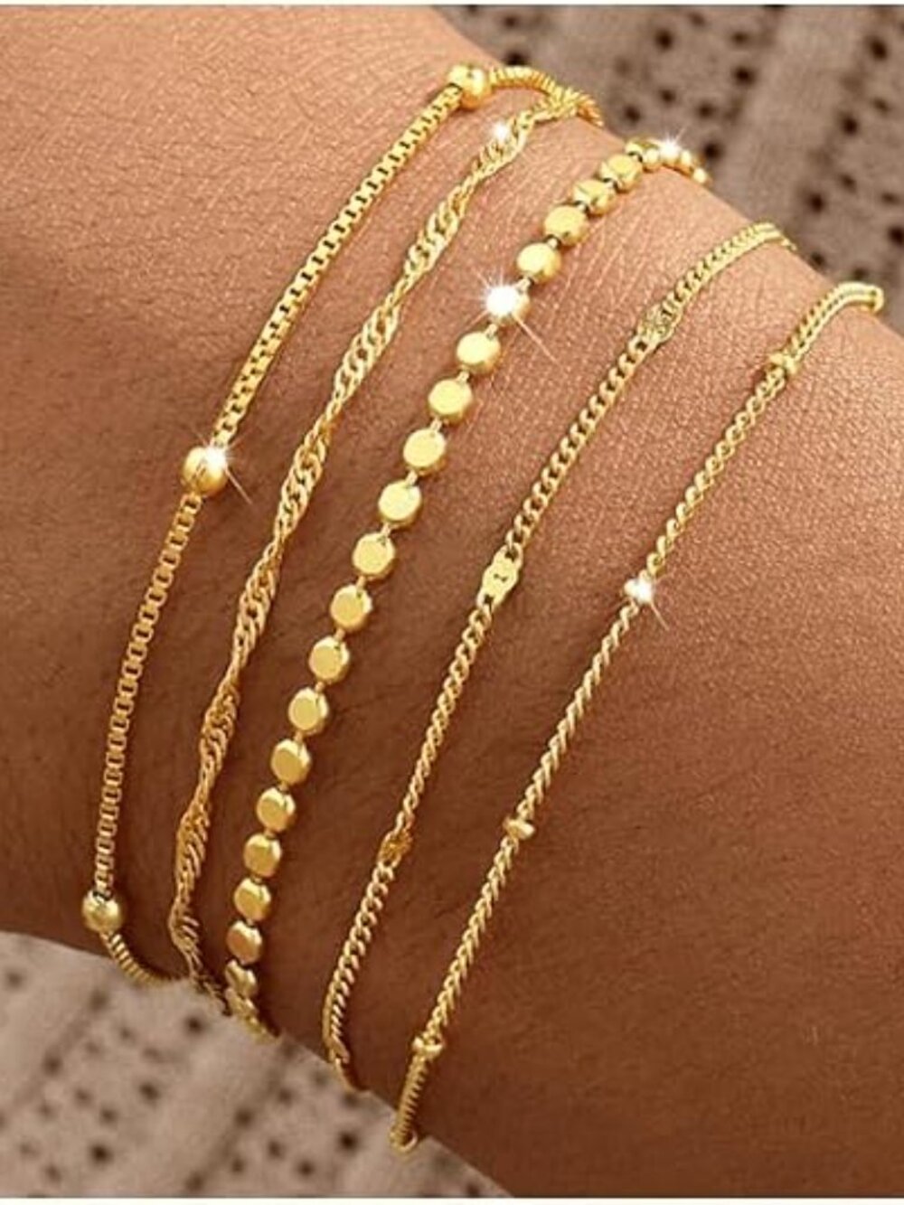 14K Gold Plated Stackable Women Bracelet | Layered Charm Paperclip Snake chain - Picture 6 of 6